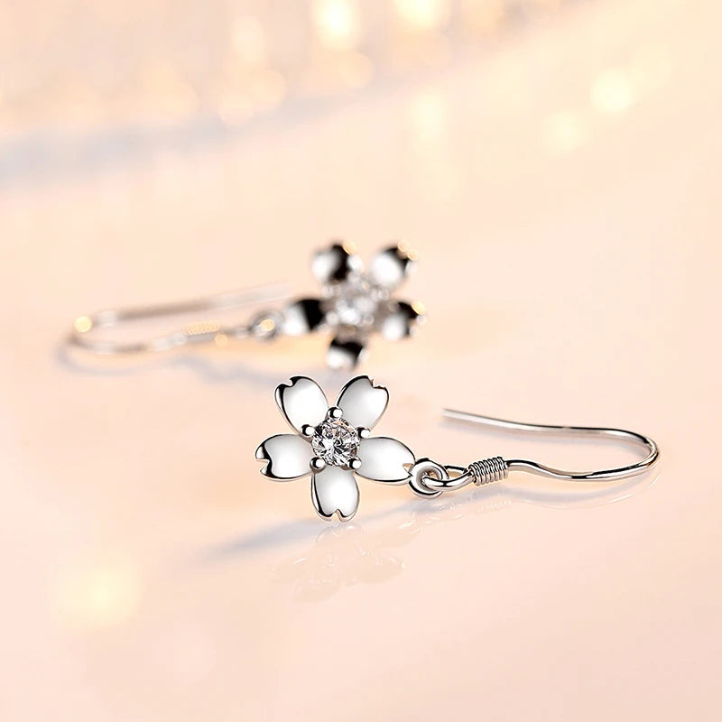 Real 925 Sterling Silver Bridal Wedding Crystal Zircon Flower Drop Earrings
