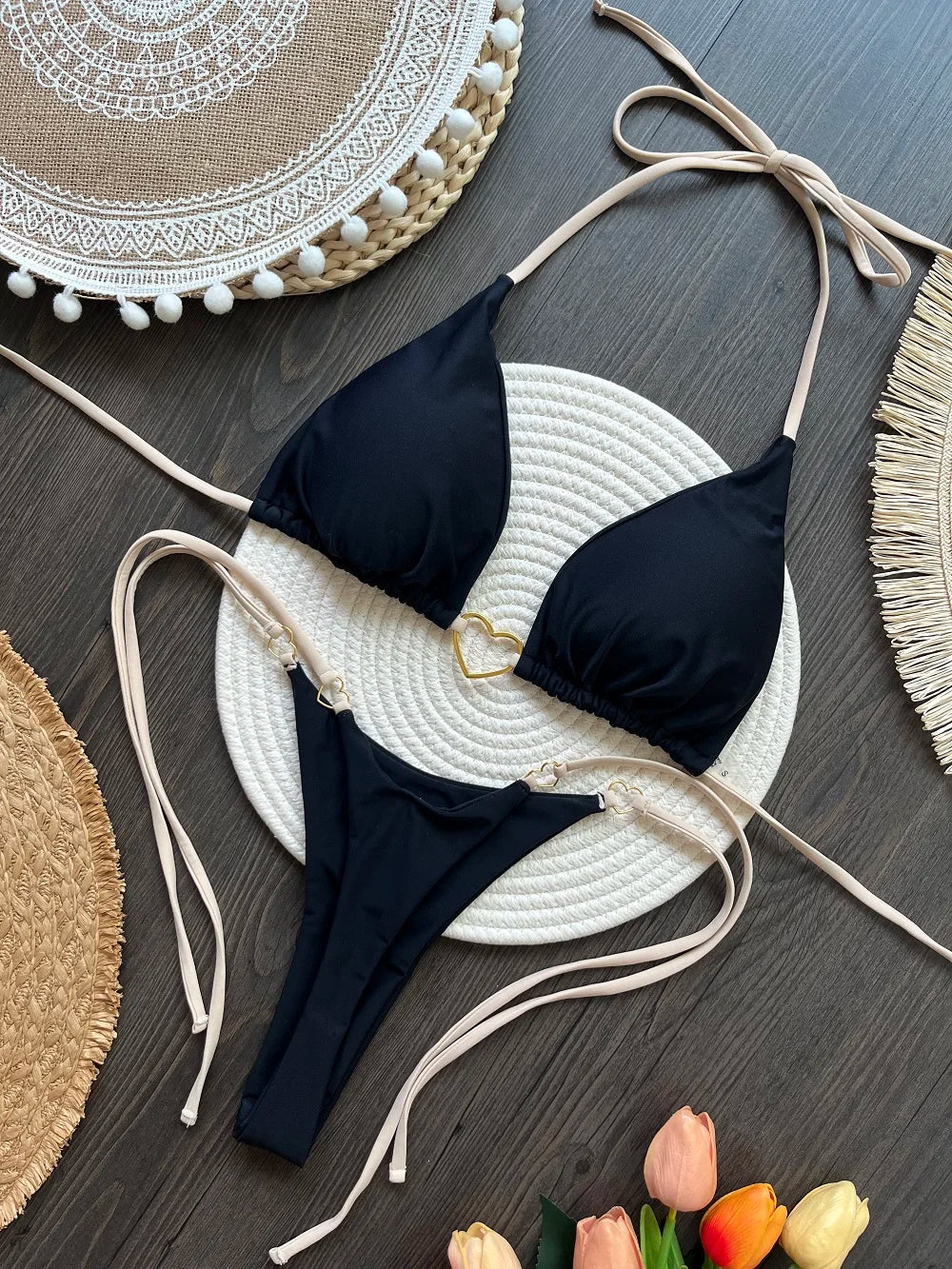Solid Color Bikini Low Waist Lace-up Fashionable Swimsuit Two-piece Suit