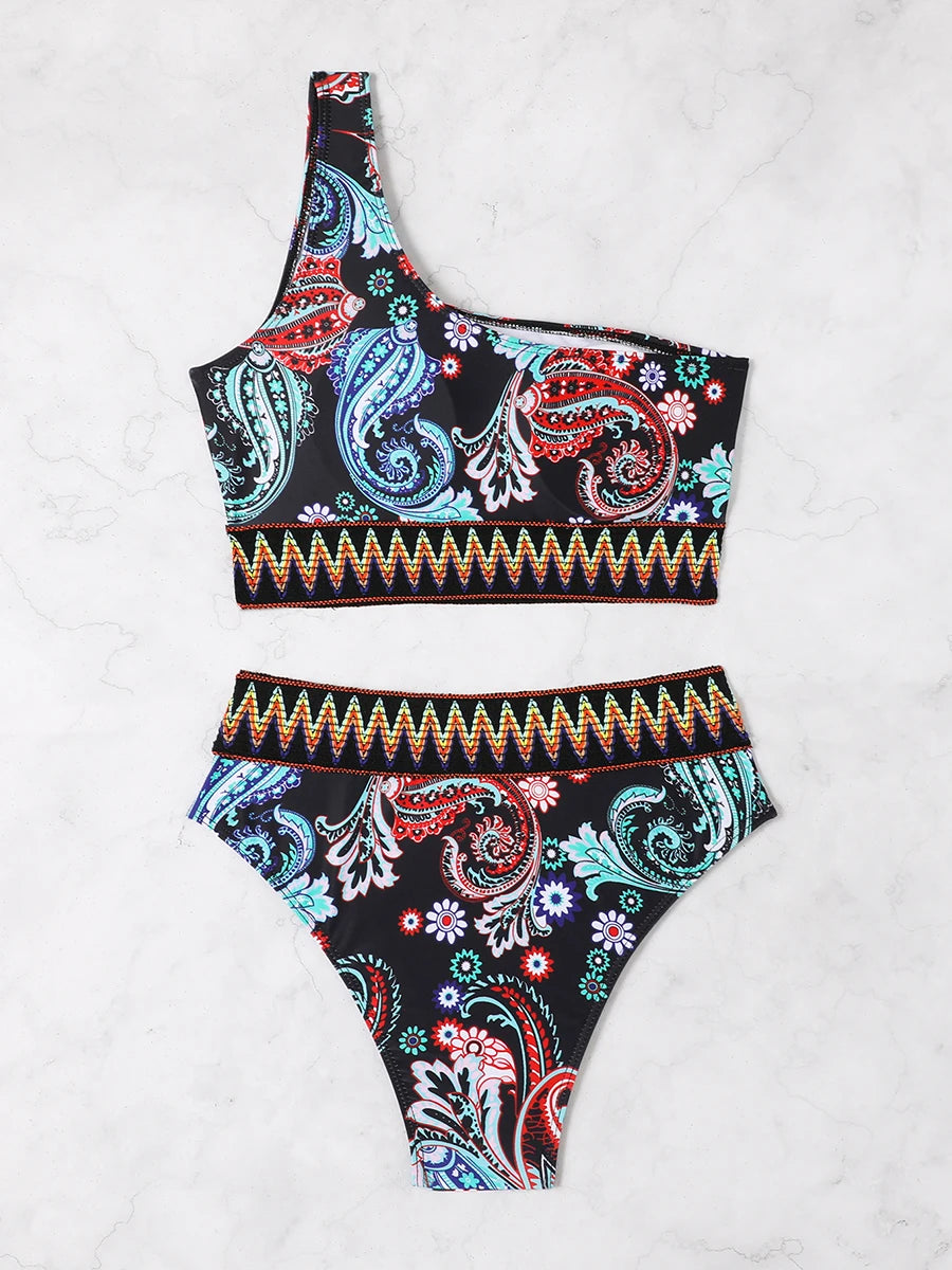 Women Printed Bikini High Waist Swimsuit One Shoulder Swimwear Bathing Swimming Suit
