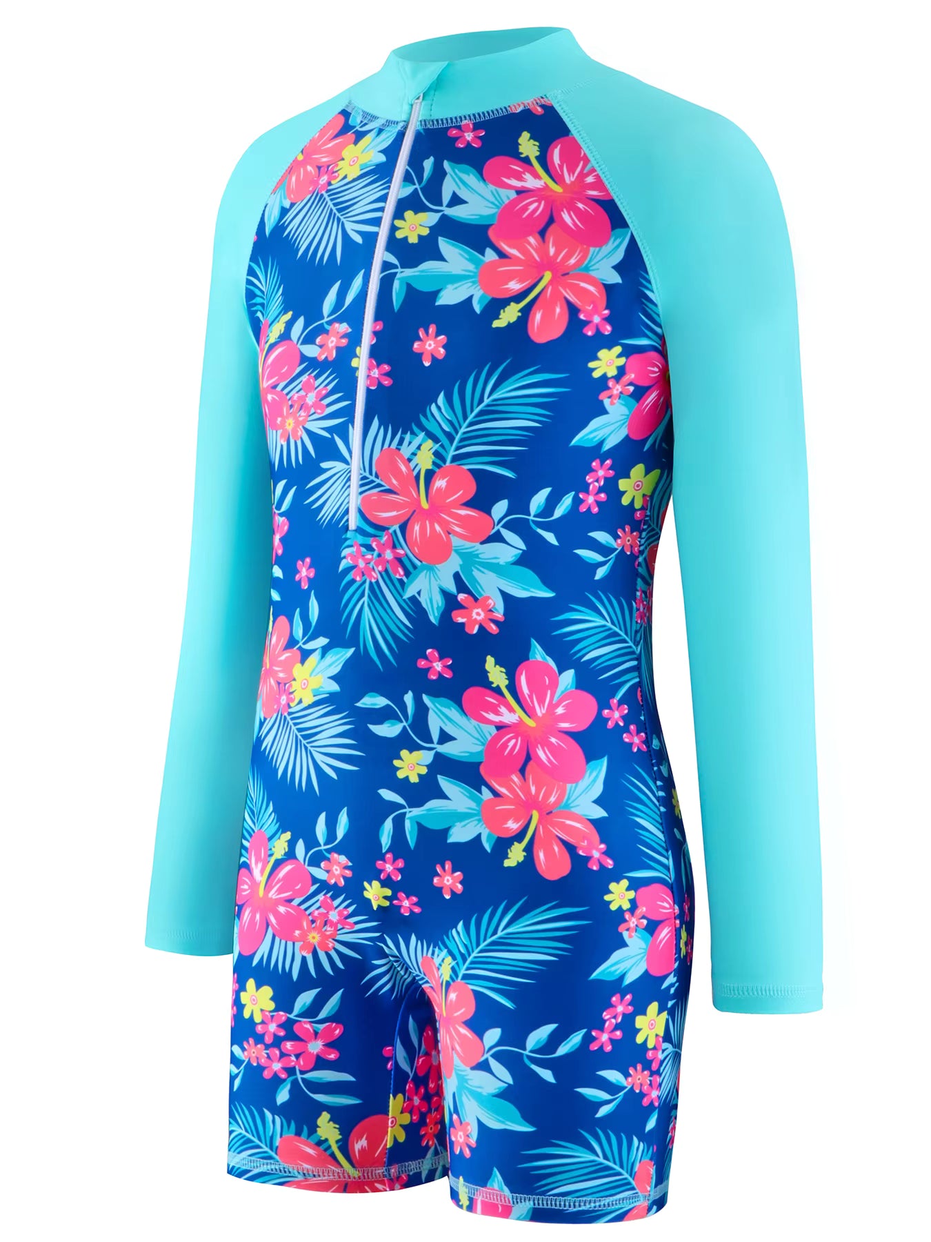 Girls Kids One-Piece Long Sleeve Plants Print Beach Swimwear Boyleg Shorts Swimsuit