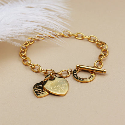 Fashion Stainless Steel Gold Color Double Heart Pendant Design FOREVER LOVE Bracelet Bangle