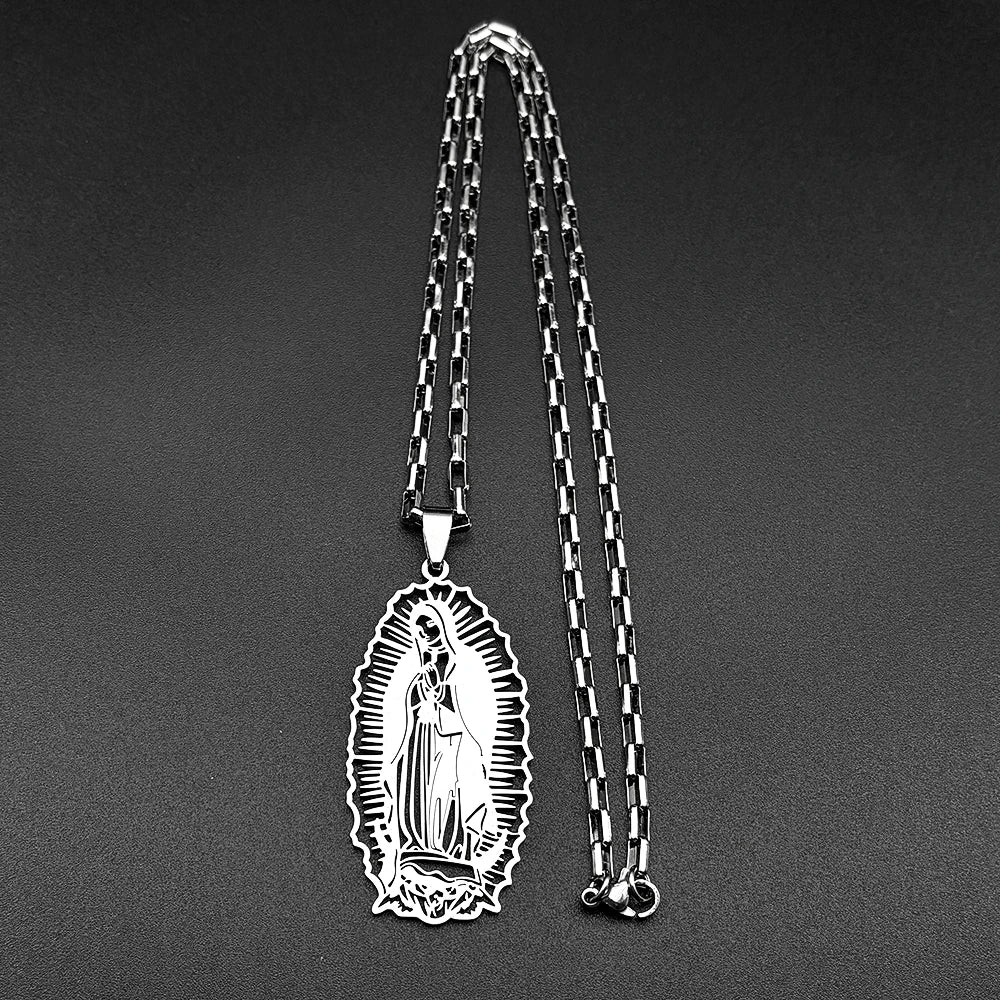 Women Men Stainless Steel Gold Color Our Lady of Guadalupe Hollow Catholic Virgin Mary Pendant Necklace