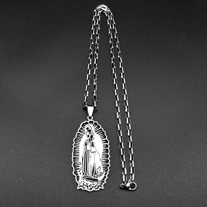 Women Men Stainless Steel Gold Color Our Lady of Guadalupe Hollow Catholic Virgin Mary Pendant Necklace