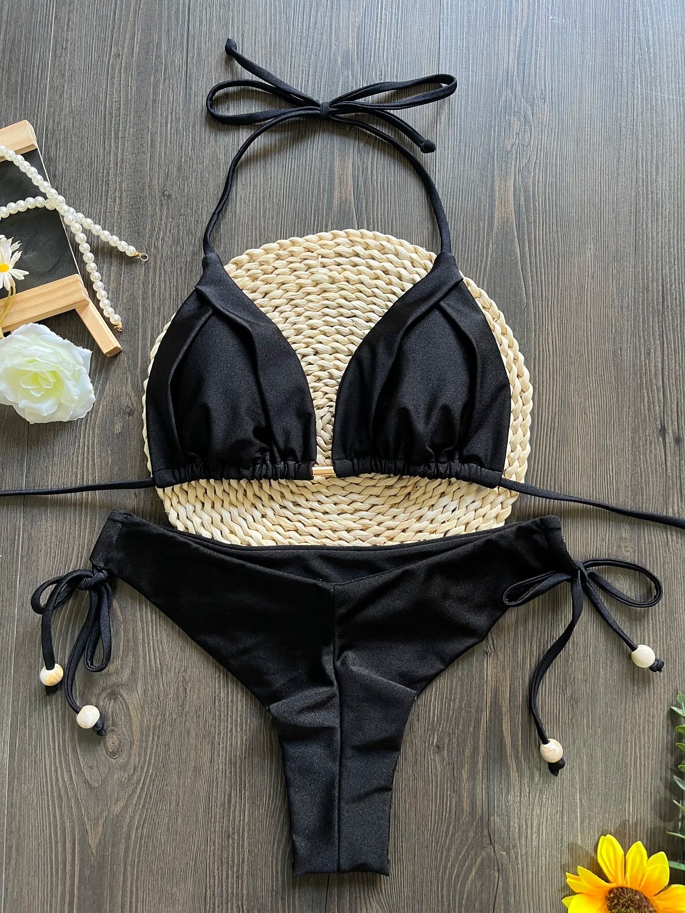 Women Lace Up Brazilian Thong Solid White/Black/Coffee Halter Swimsuit Bathing Beachwear Suit