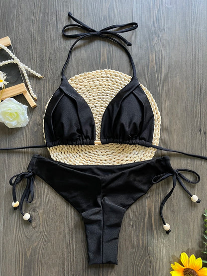 Women Lace Up Brazilian Thong Solid White/Black/Coffee Halter Swimsuit Bathing Beachwear Suit