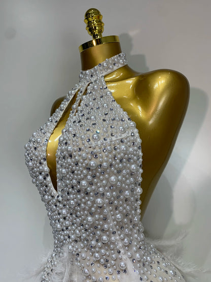 Sexy Halter Backless Feather Pearl Short Party Rhinestone Birthday Evening Dress