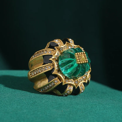 Women Vintage Pumpkin Blue Crystal Open Black Dripping Oil Halloween Ring