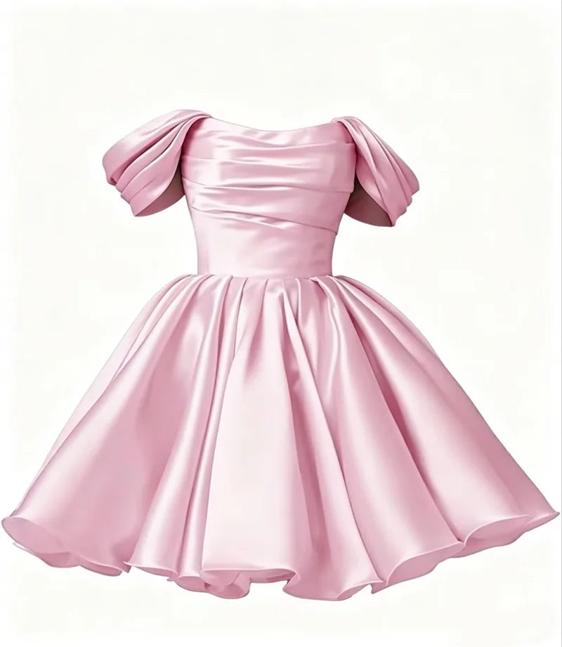 Women Off The Shoulder Satin Homecoming A Line Short Pleated Strapless Prom Evening Dress w/ Pockets
