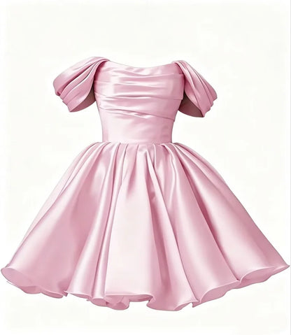 Women Off The Shoulder Satin Homecoming A Line Short Pleated Strapless Prom Evening Dress w/ Pockets