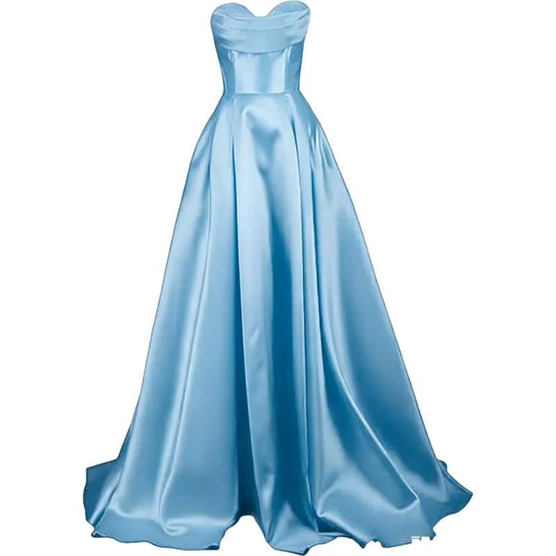 Sweetheart Strapless Pleat Satin Prom Women Long A Line Corset Formal Evening Party Dress w/ Pockets