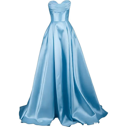 Sweetheart Strapless Pleat Satin Prom Women Long A Line Corset Formal Evening Party Dress w/ Pockets