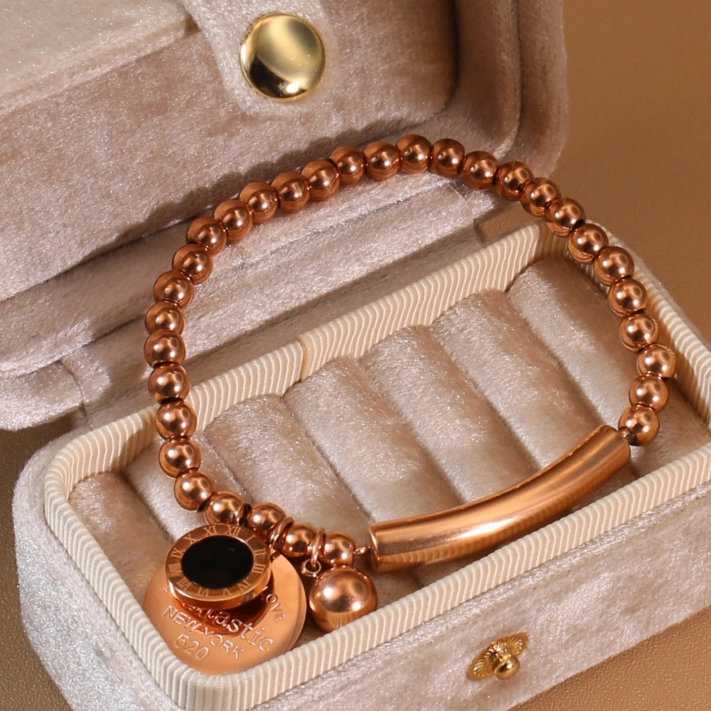 Luxury Women Roman Numeral Bead 18K Gold-Plated Stainless Steel Bangle Bracelet