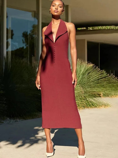 Halter Deep V Neck Sleeveless Sexy Maxi Backless Bodycon Tank Long Dress