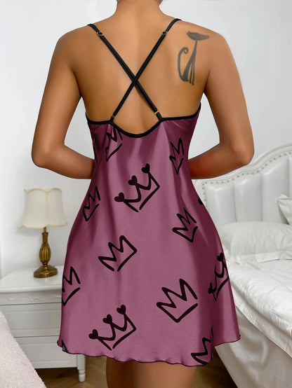 Heart Print Scoop Neck Criss Cross Women's Sleepwear Nightdress