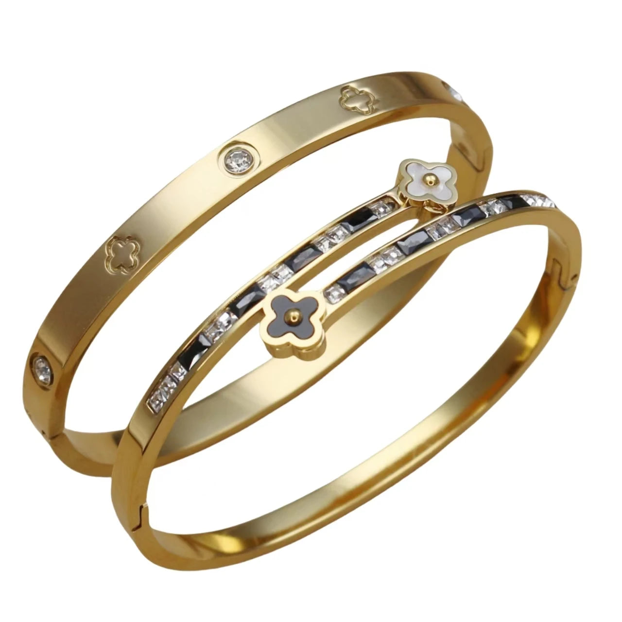 Stainless Steel Bangle Four-leaf Clover Crystal Design Stacking Bracelet Bangle