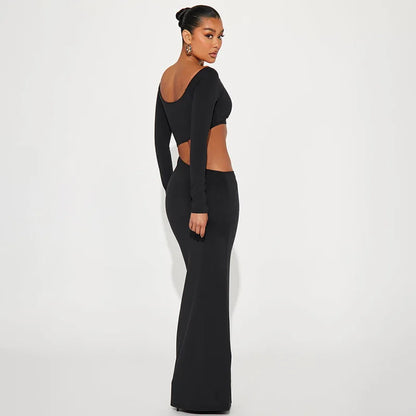 Women Hollow Out Long Sleeve Maxi V Neck Backless Bodycon Evening Maxi Dress