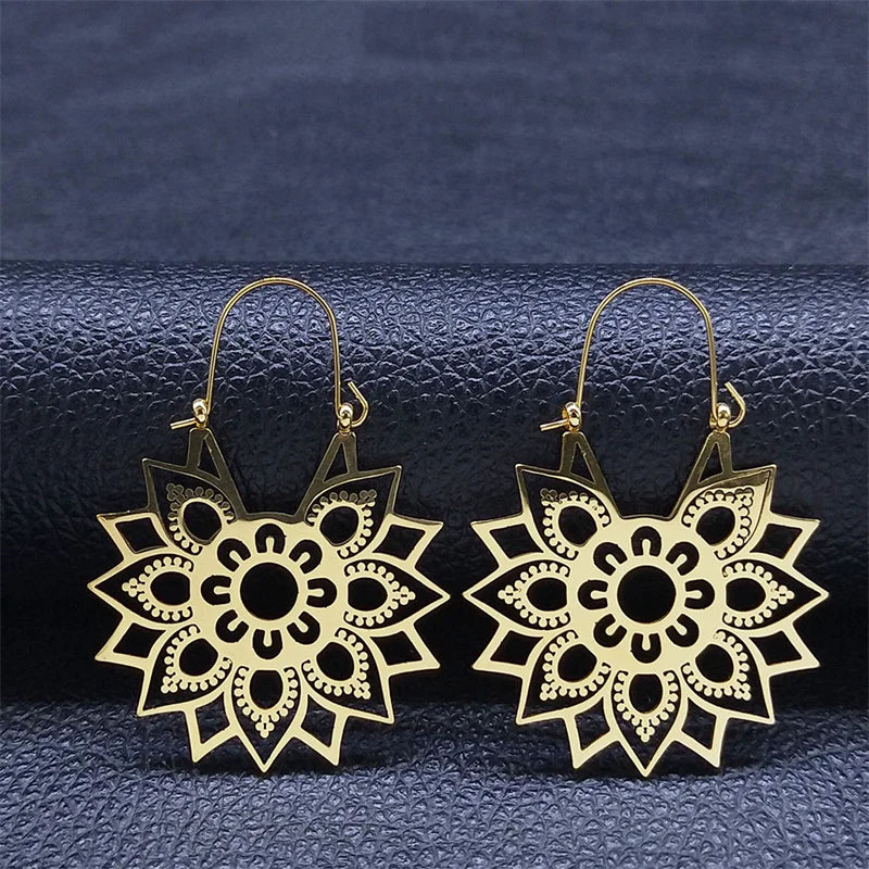 Women Yoga Lotus Flower Stainless Steel Gold Color Hoop Earrings