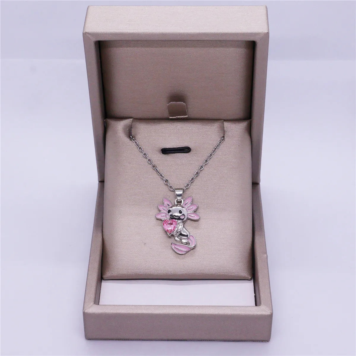 Women Elegant Creative Cute Pink-ear Axolotl Heart Crystal Pendant Necklace