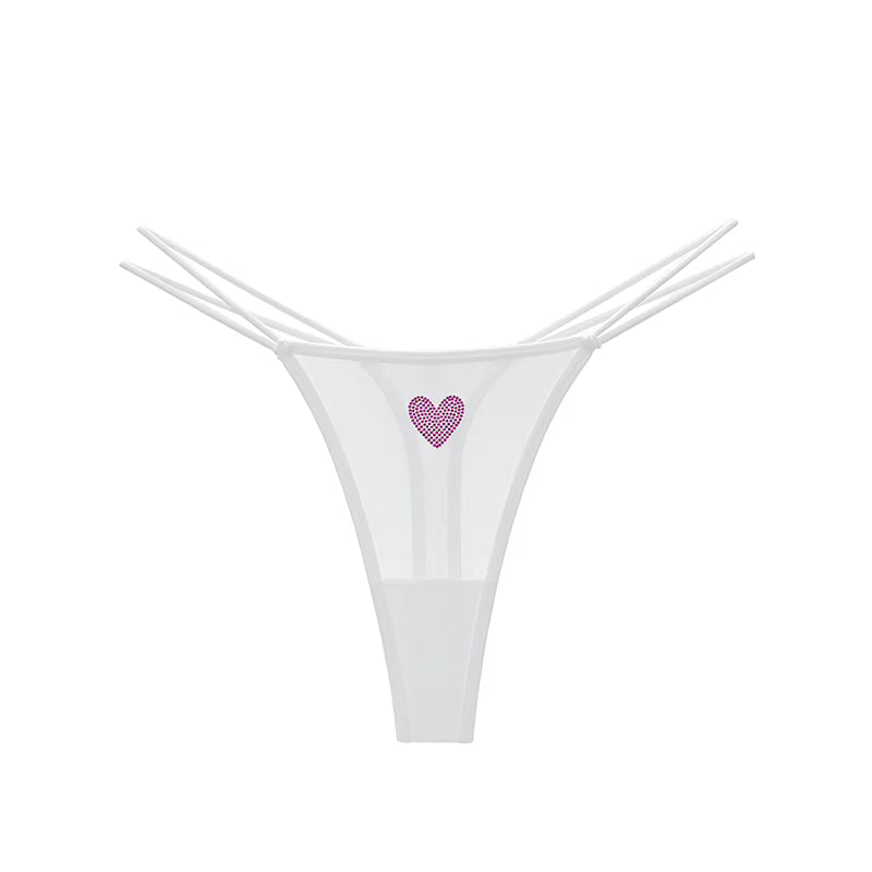 Women Lace Mesh Transparent Rhinestones Heart G-String T-Back Briefs Thong Panties Underwear