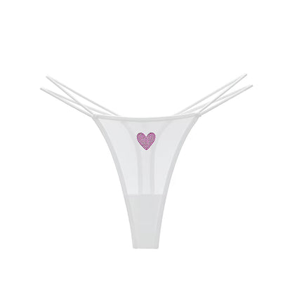 Women Lace Mesh Transparent Rhinestones Heart G-String T-Back Briefs Thong Panties Underwear
