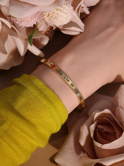 Stainless Steel 18K gold plated Roman Numeral Bracelet Bangles Ring 2-in-1 Jewelry