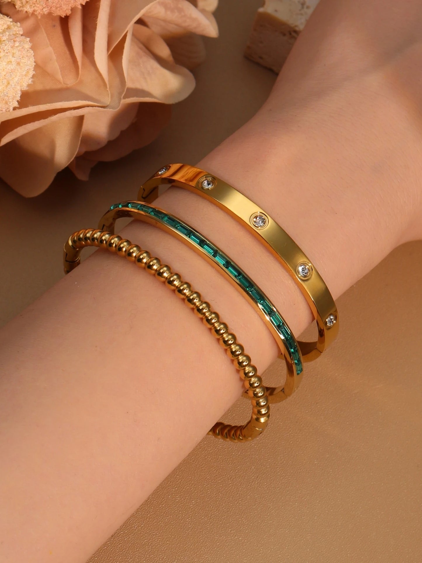 Women 18k Gold Plated Stainless Steel Green Zircon Bangles Bracelet Set Gift.