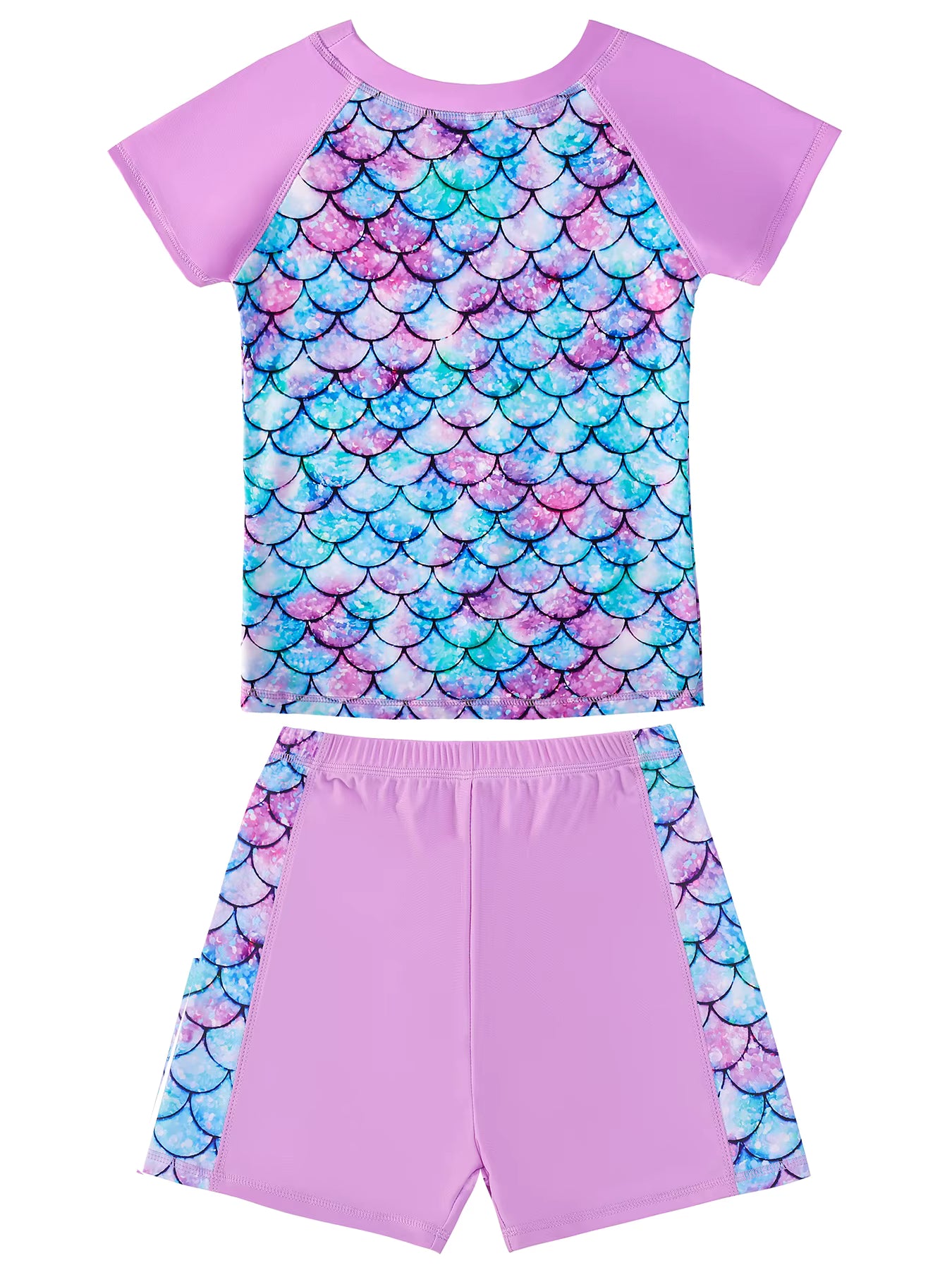 2pcs Girls Kids Short Sleeve Mermaid Scale Tops Boyleg Shorts Swimwear Beach Bathing Suit