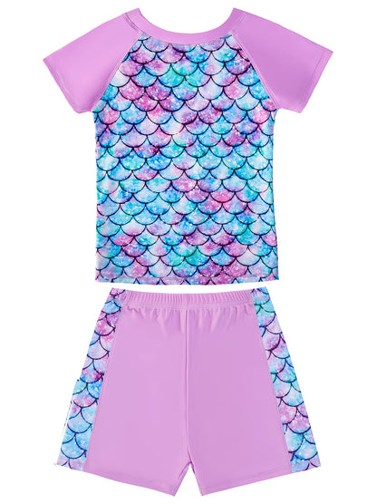 2pcs Girls Kids Short Sleeve Mermaid Scale Tops Boyleg Shorts Swimwear Beach Bathing Suit