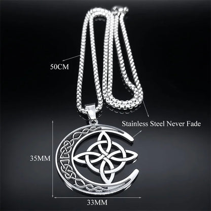 Crescent Celtic Irish Knot Stainless Steel Witch Moon Amulet Protection Chain Necklace