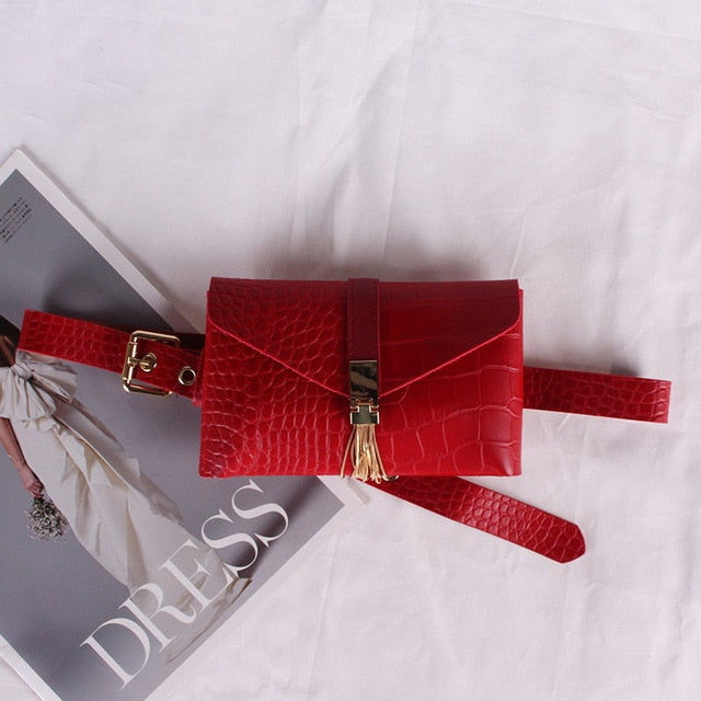 Women Fashion Tassel Waist Pack Phone Pocket Leather Belt Bags.