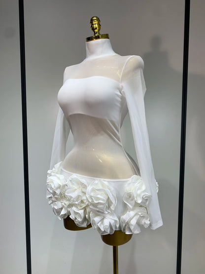 Sexy Mesh See through Stereoscopic Flowers White Red Mini Bandage Birthday Evening Party Dress