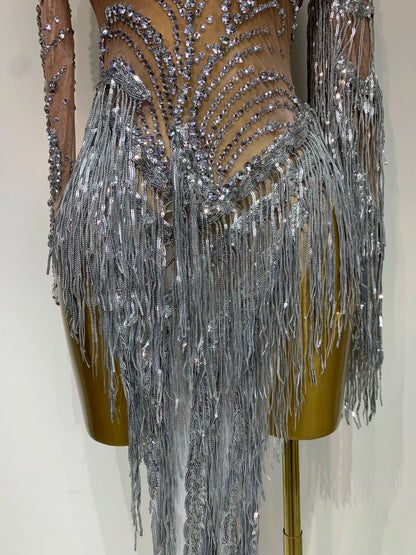 Sexy Rhinestone Sequins Tassel Mesh See Through Evening Party Nightclub Singer Sparkly Dress