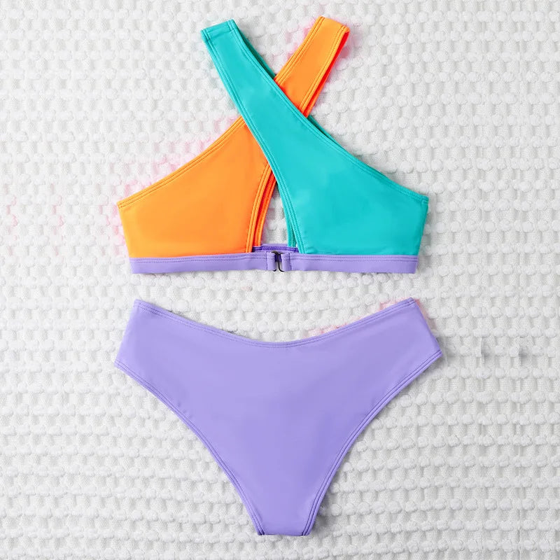 Color Block Halter Bikini Sexy Swimsuit Cross Swimwear Women Bathers Bathing Swimming Suit