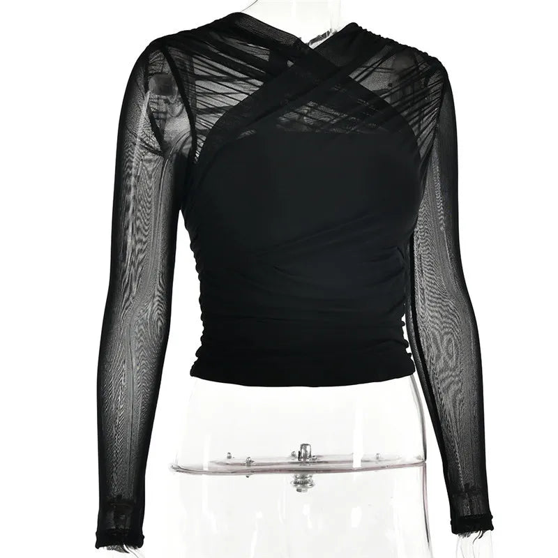 Women Sheer Mesh Long Sleeve V Neck Zipper Layered Skinny Club Party Sexy Tops Shirt