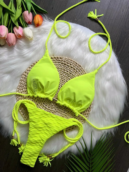 Sexy women's Split Necktie Swimsuit 2-piece Beach Swimwear Bikini Suit