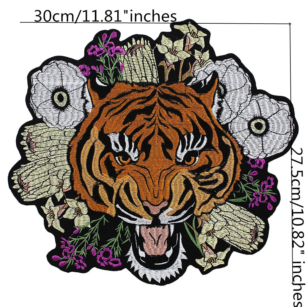 Large Size Biker Applique Fierce Tiger head Embroidery Patches Iron on for Clothes Animal Stickers Patch