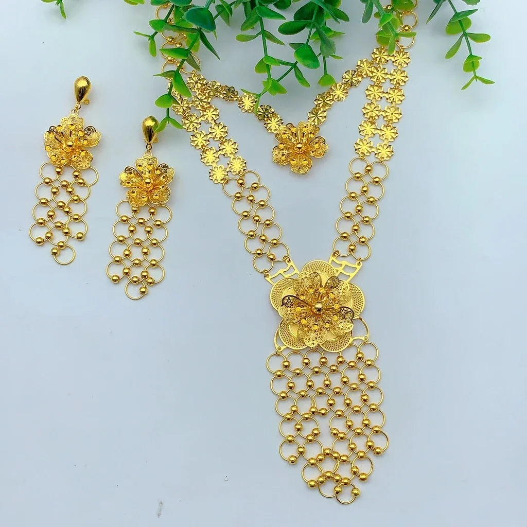 Italian Long Flower Women Bridal Indian Dubai Gold Color Necklace Earrings Sets