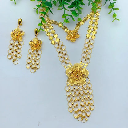 Italian Long Flower Women Bridal Indian Dubai Gold Color Necklace Earrings Sets