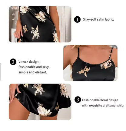Women Nightwear Black Floral Print Nightdress Sleepwear Gowns