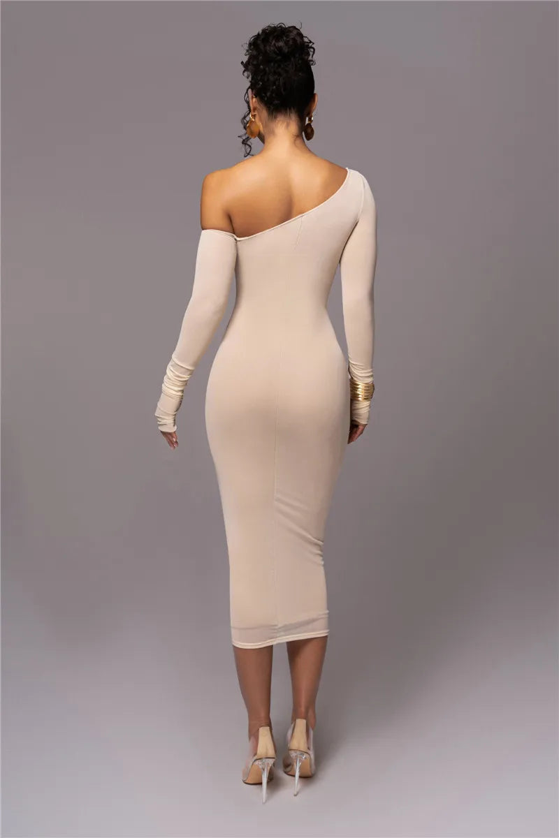 Sexy Diagonal Collar Long Sleeve Midi Two Layer Mesh Backless Ruched Bodycon Club Party Maxi Dress