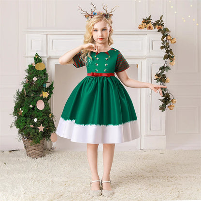 Girls Kids New Year Party Santa Claus Snowman Print Cosplay Costume Xmas Princess Theme Party Dress