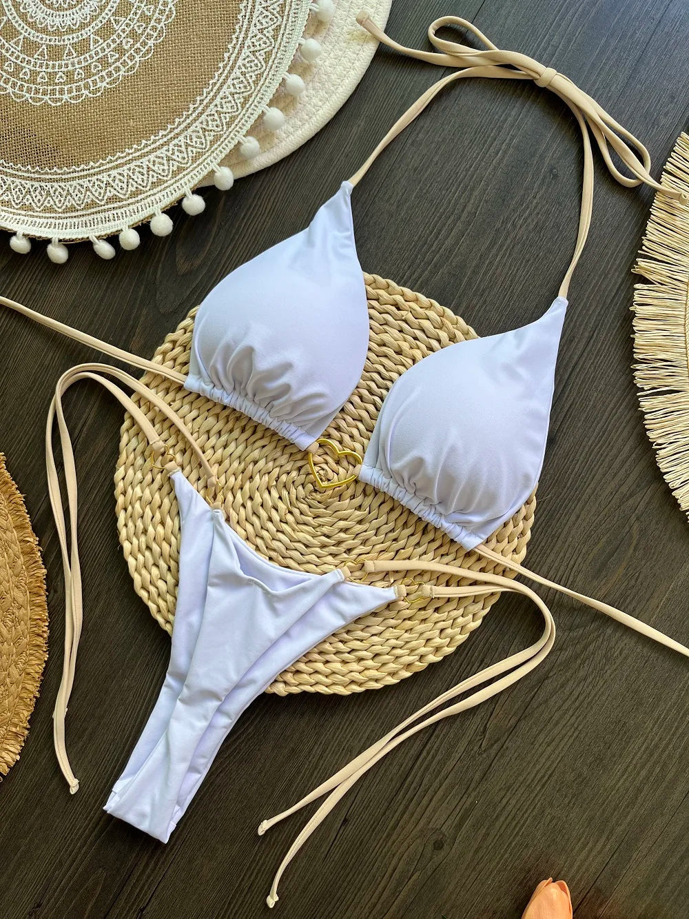 Solid Color Bikini Low Waist Lace-up Fashionable Swimsuit Two-piece Suit