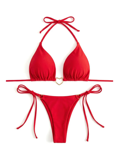 Women Solid Color Bikini Low Waist Lace-up Fashionable Swimsuit Two-piece Suit