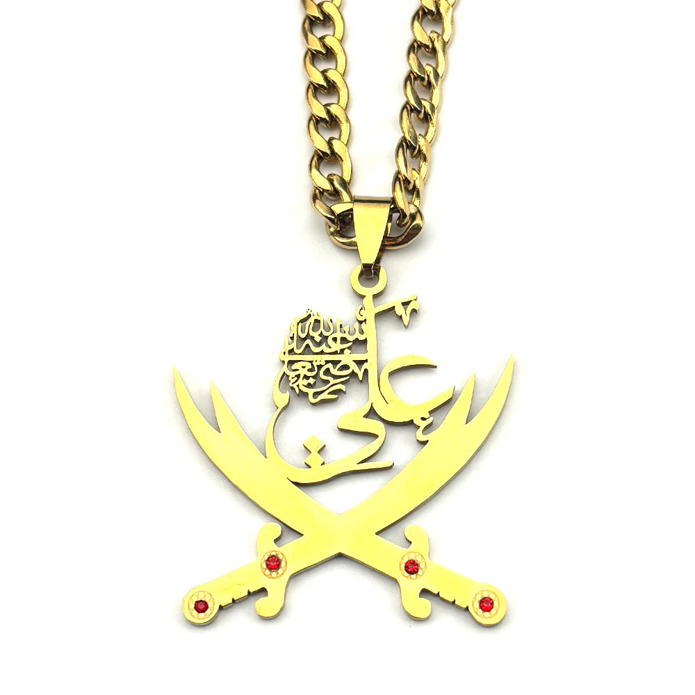 Men Women Stainless Steel Arabic Rhinestones Imam Ali Sword Muslim Islam Chain Pendant Necklace