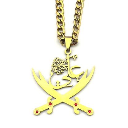 Men Women Stainless Steel Arabic Rhinestones Imam Ali Sword Muslim Islam Chain Pendant Necklace
