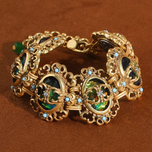 Vintage Hollow Rhinestone Opal Charm 18k Real Gold-Plated Dubai Designer Bracelet