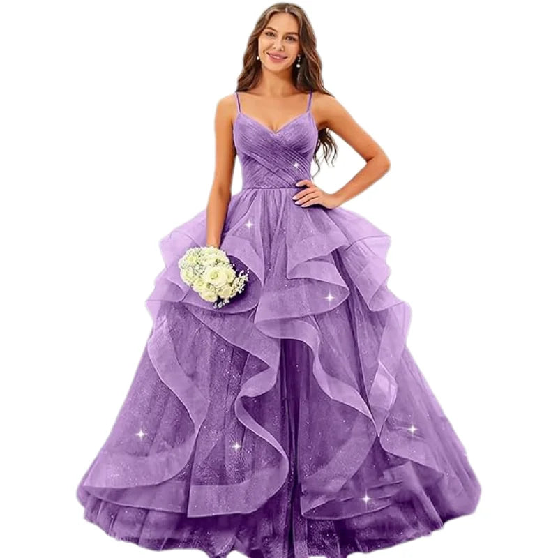 Sparkly Tulle Long Prom Spaghetti Straps Ball Glitter Tulle A-line Formal Evening Party Gown Dress