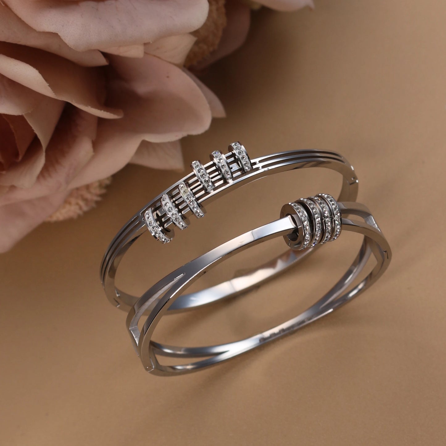 Women's Love Stainless Steel Crystal Bracelets Half Face Hollow Design Bracelet Bangle Jewelry Gifts