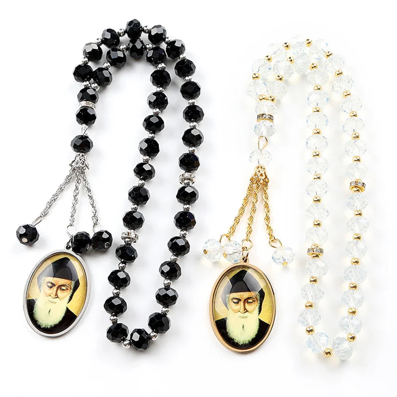 Women Men Stainless Steel Gold Color Amulet Prayer Beads Orthodox Church Saint Glass Medal Car Pendant Necklace