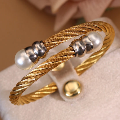 Women Fashionable Double Heart Stainless Steel Pearl Adjustable Bracelet Bangle